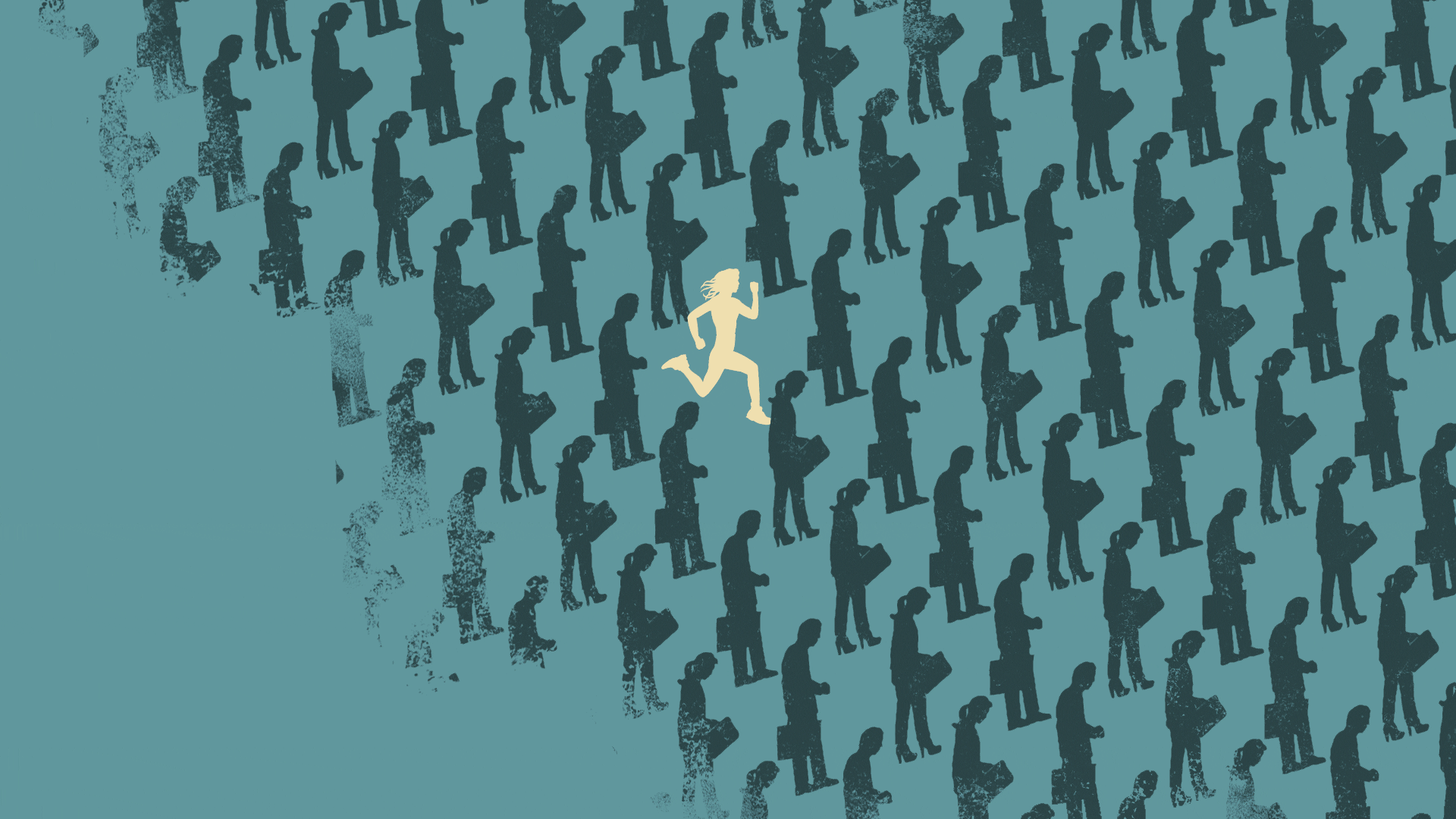 Artwork of a woman running against a repeating pattern of a crowd of office employees, slowly walking to work