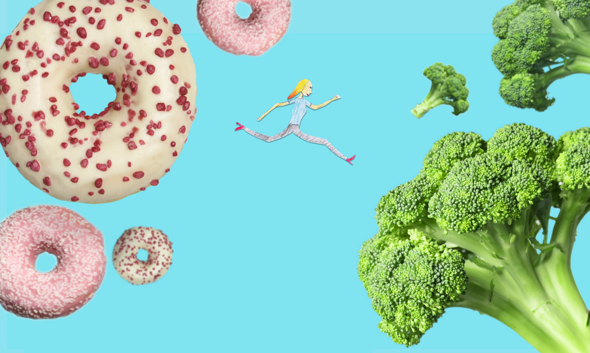 A collage of a colourful pencil drawing of a woman leaping between a photographed doughnut and a photographed head of broccoli
