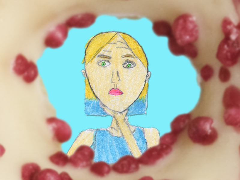 Drawing of a woman looking through the hole of a donut