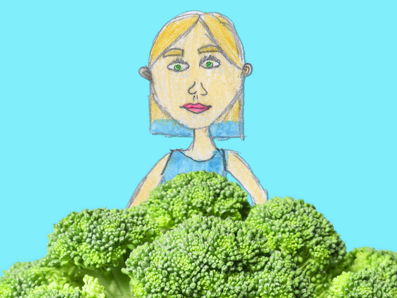 Drawing of a woman smiling at a head of fresh broccoli