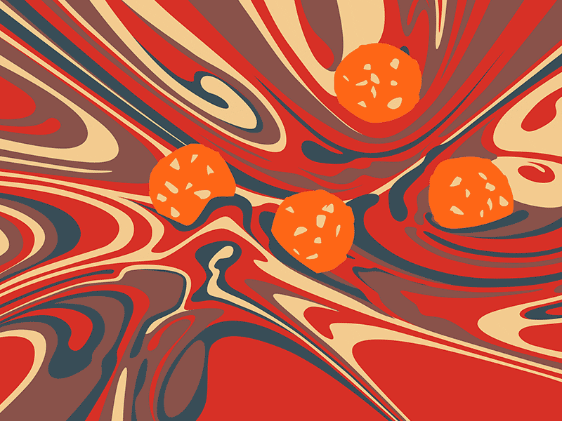 A simplified graphic illustration of four meatballs floating in a swirling sauce