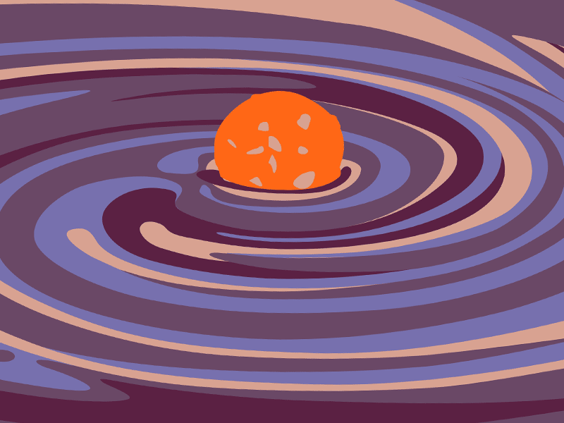 A simplified graphic illustration of a meatball floating in a circular swirling sauce