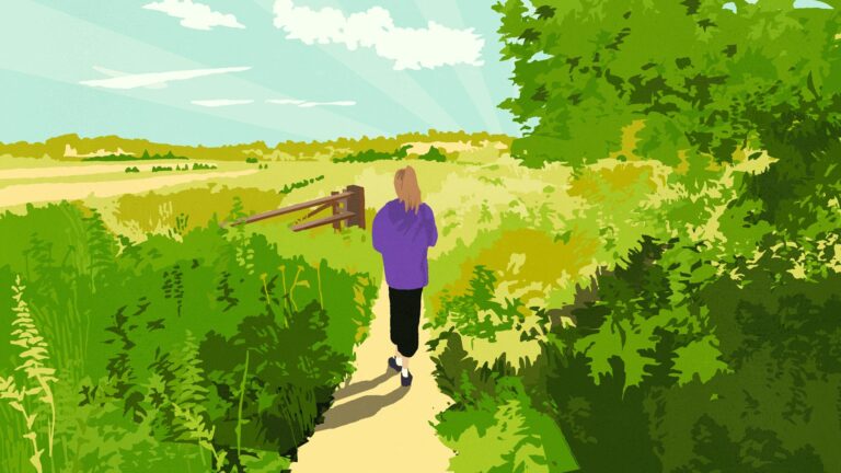 Colourful illustration of a person walking down a country lane, surrounded by fields, trees and a blue sky